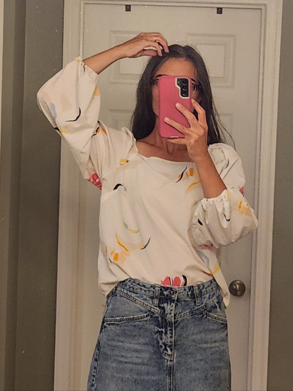 A New Day White Floral Square-Neck Long Sleeve Blouse Size M Unique Fit - Picture 5 of 14